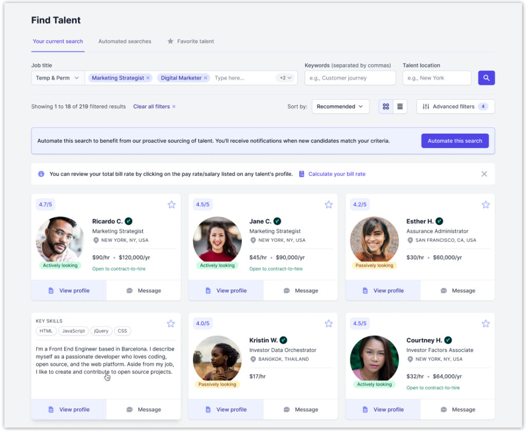 Explore our talent pool in the 'Your current search' tab. Use filters to narrow your search.