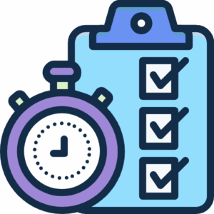 Icon of a stopwatch and checklist on a clipboard, representing logistics planning, time-sensitive operations, and order accuracy.