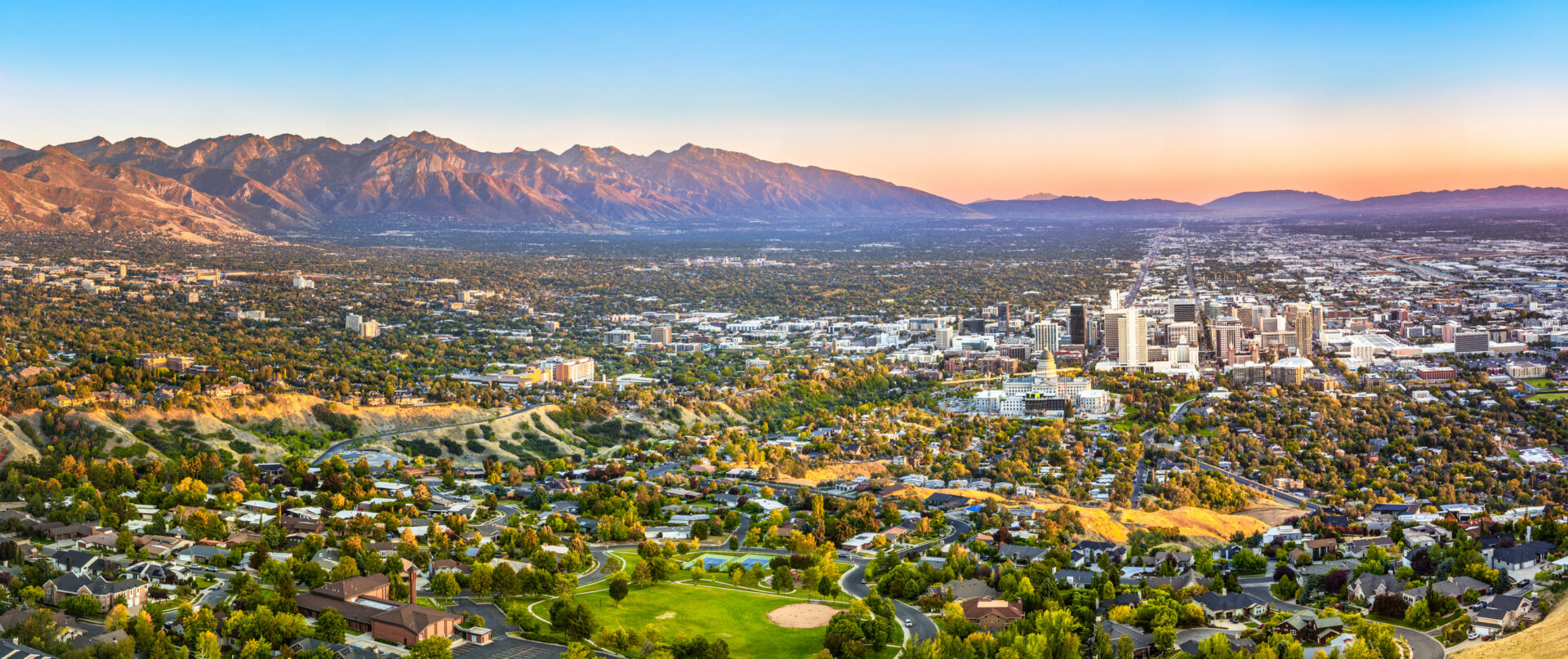 Salt Lake City skyline panorama at sunset stock photo