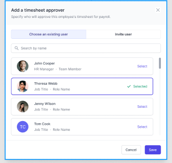 Add a timesheet approver: choose an existing user or Invite user