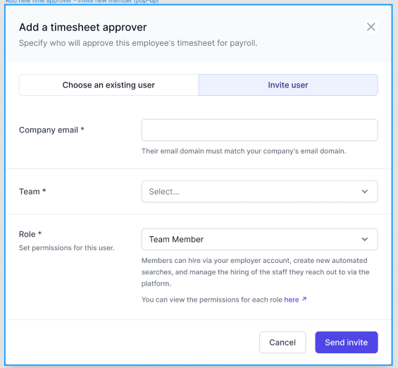 Add a timesheet approver:  invite users or choose existing